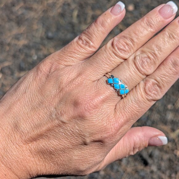 Zuni Turquoise Mini Diamond Cluster‎ Inlay Ring NA Handmade Jewelry Sz 9.25US ** - Picture 6 of 9